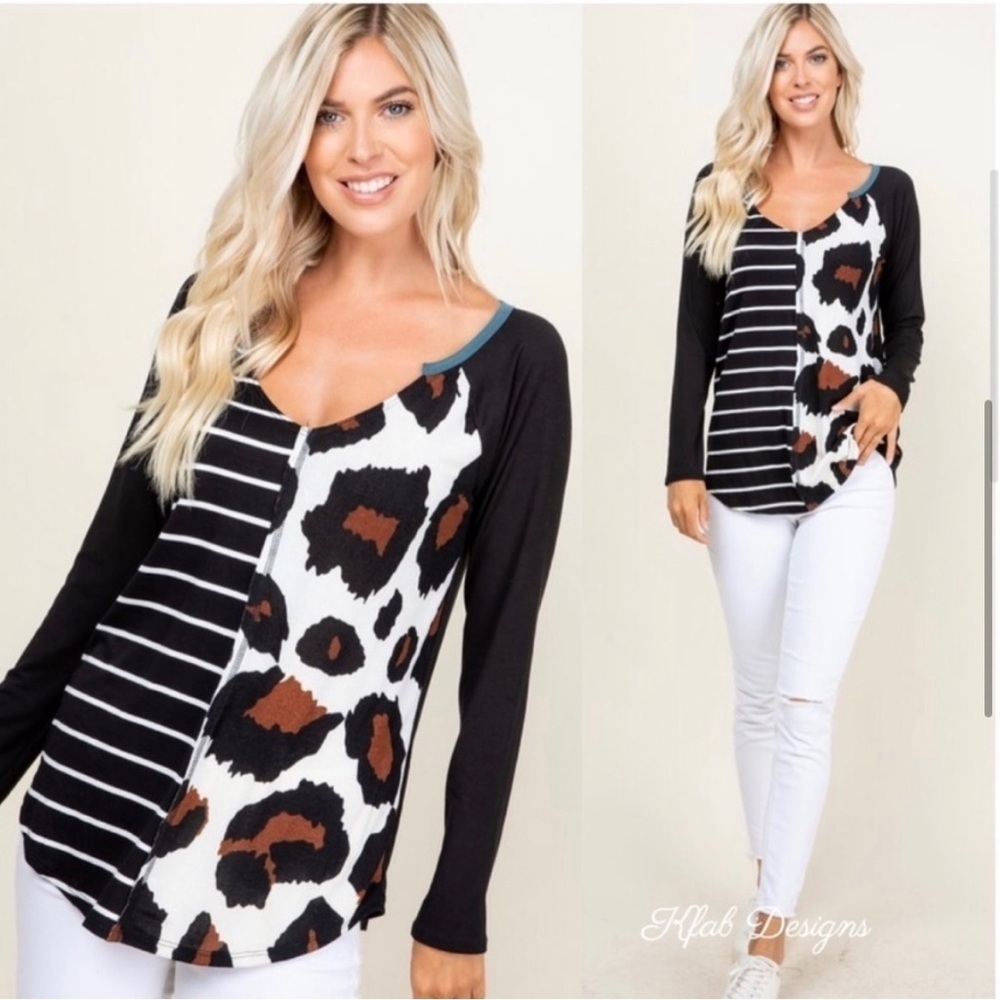 Black Leopard Print Stripe V-neck Contrast Soft Knit Top new